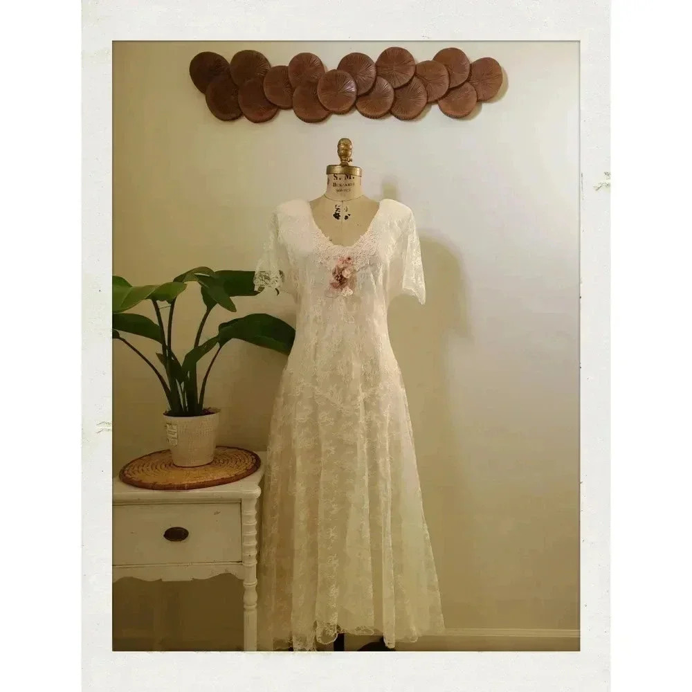 Vintage 80s Peach Pink Floral Sheer Lace Boho Cottagecore Prom Wedding Dress